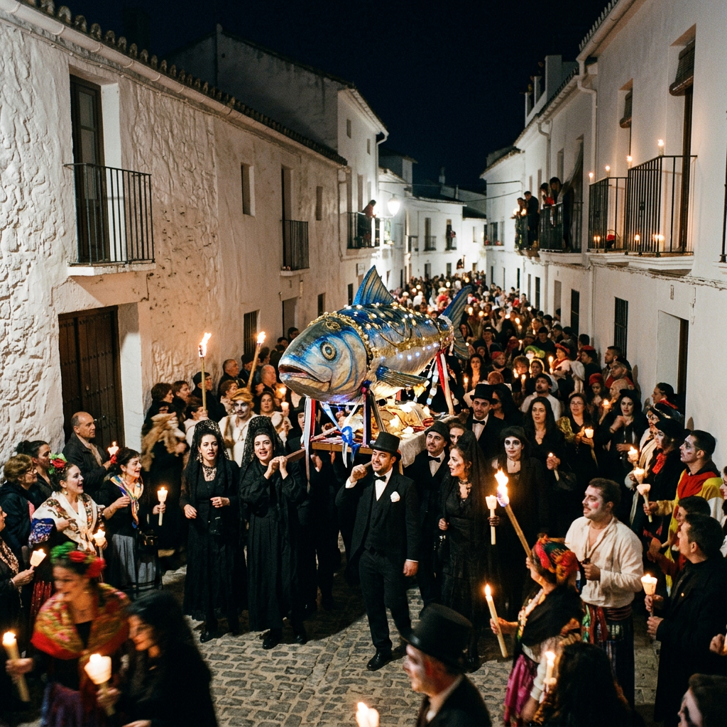Procesión fúnebre simbólica con una gran sardina como cierre del carnaval